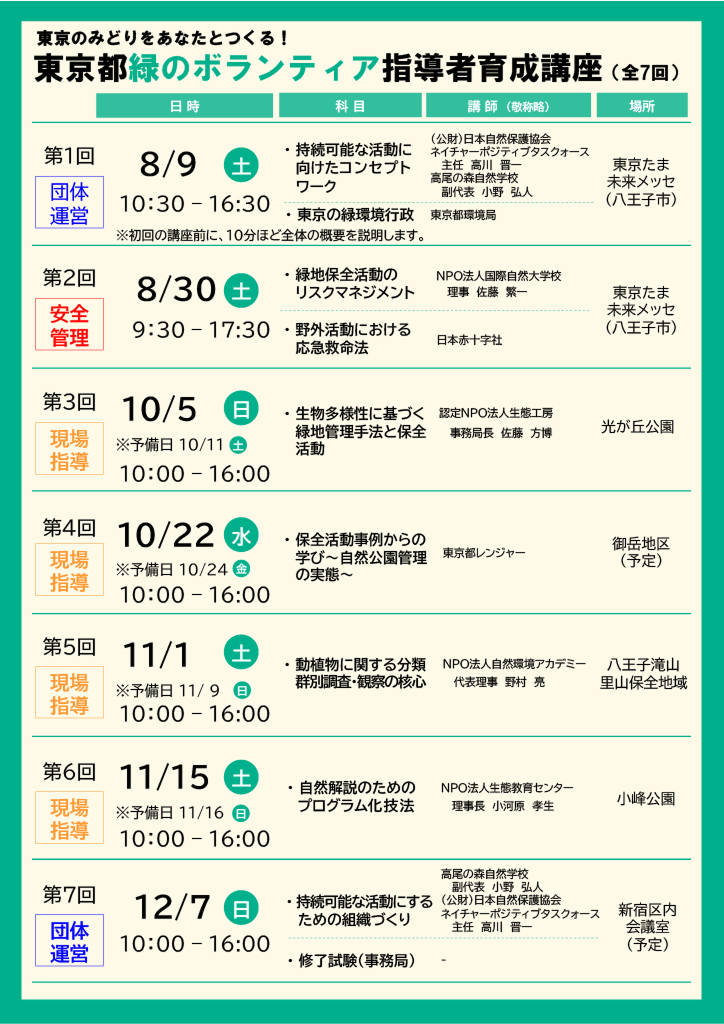 「東京都緑のボランティア指導者育成講座（全7回）」の開催スケジュール表