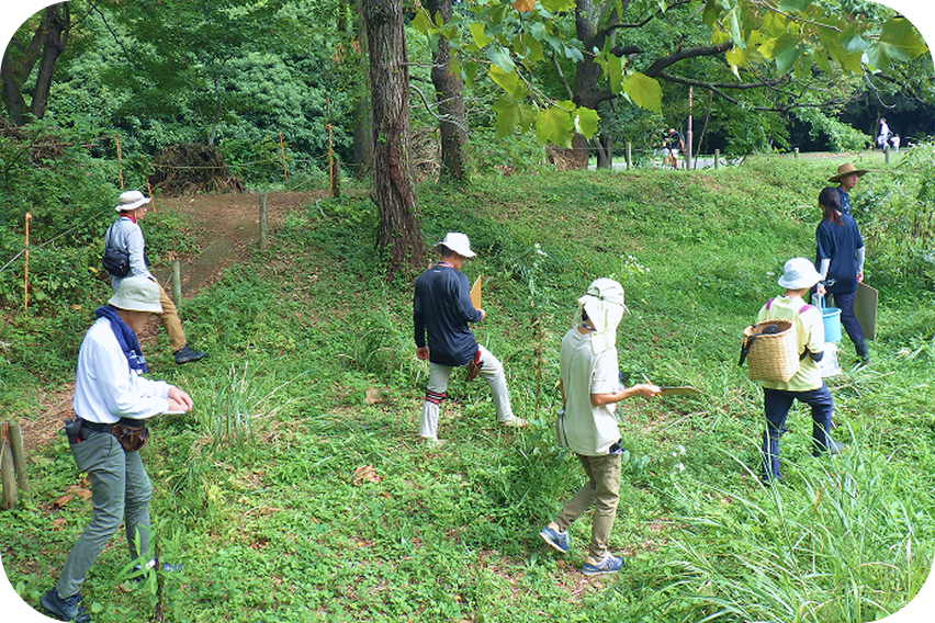 森に隣接する草地や土手を、一列になって歩く人々の様子