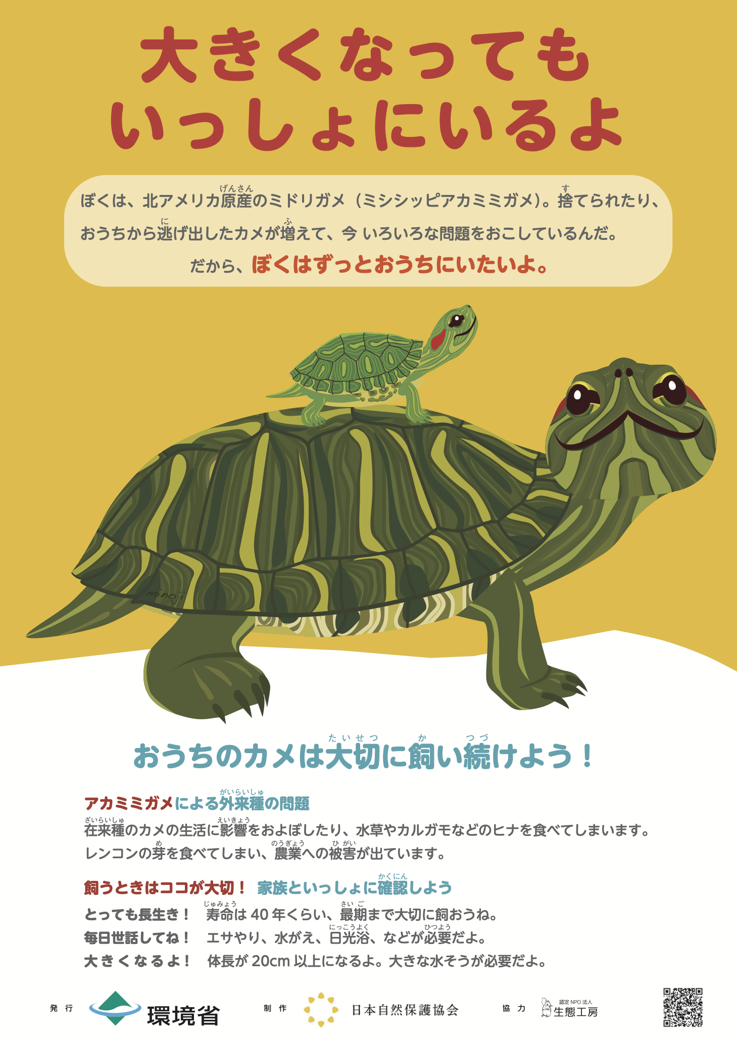 日本環境省による、アカミミガメの終生飼育を啓発するポスター。