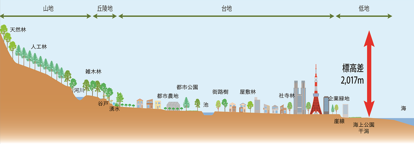 山地から都市、海へと至る土地利用の変化を示した断面図（標高差2,017m）