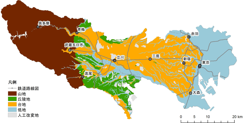 東京都の地形区分図（山地・丘陵地・台地・低地の分布）