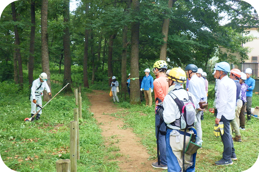 森の中の広場で、ヘルメットを着用した講師が刈払機（草刈り機）の実演を行い、色とりどりのヘルメットを被った多くの参加者がその様子を真剣に見守っている講習会の風景。