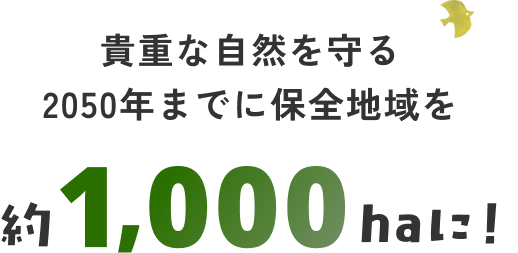 貴重な自然を守るため、2050年までに保全地域を約1,000ヘクタールに拡大することが1つ目の目標です。