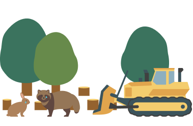 森の木々が切り倒され、切り株だけが残された風景。住処を失ったウサギとタヌキが、涙を流しながら悲しそうに立ち尽くしている様子を描いたイラスト。