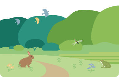 青々と茂る豊かな森を背景に、ウサギやカエルがのんびりと過ごす里山の風景イラスト。