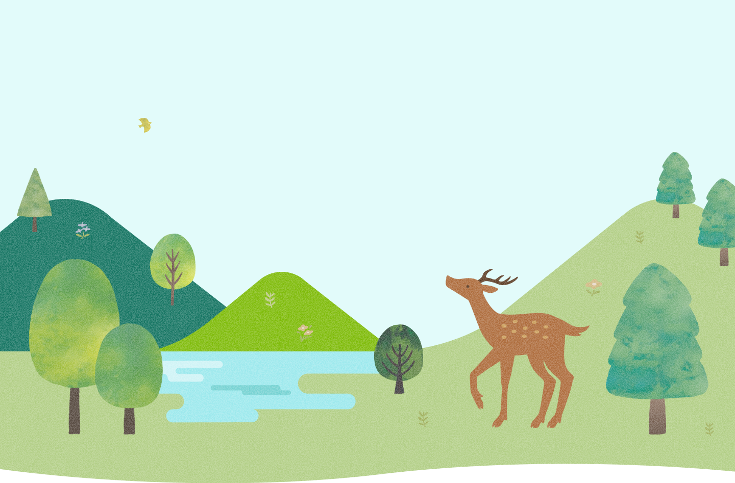 山や森、水辺を描いた優しいタッチのイラスト。シカが歩く穏やかな風景。