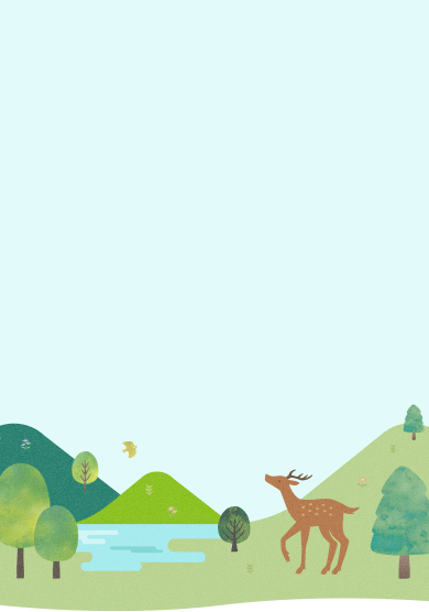 山や森、水辺を描いた優しいタッチのイラスト。シカが歩く穏やかな風景。
