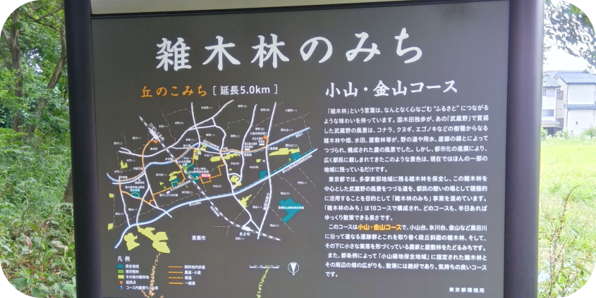 フィールドに設置された「雑木林のみち」の大型案内板。小山・金山コース（延長5.0km）のルート図とともに、武蔵野の風景を守る東京都の事業についての解説文が記載されている。
