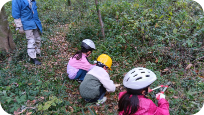 ヘルメットを被った子供たちが地面にしゃがみ込み、剪定バサミなどを使って生い茂った下草を丁寧に刈り取っている様子。