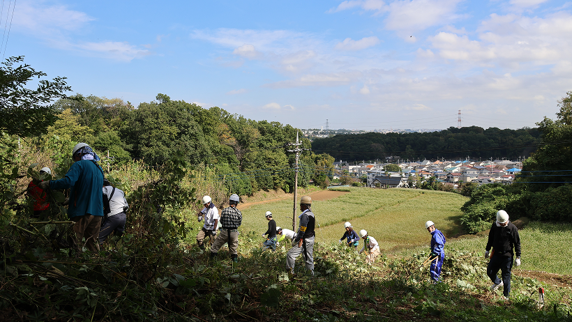 晴天の下、斜面の草刈りや整備を一斉に行う大勢の作業員たち。背景には豊かな森と、その先に広がる住宅街が見渡せる里山の風景。