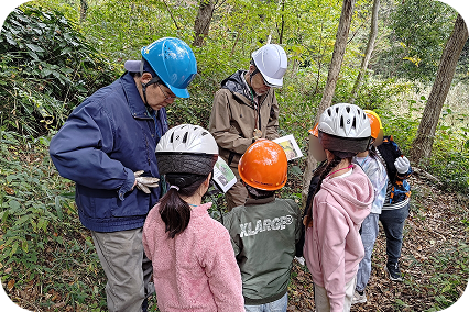 森の中で、ヘルメットを被った大人と子供たちが、資料を見ながら自然について学んでいる様子。