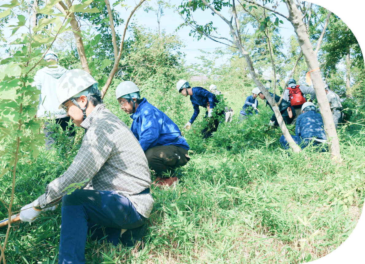 ヘルメットを着用した複数の男女が、緑豊かな斜面で腰を下ろして草刈りや清掃作業を行っている様子。